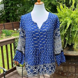 Lucky Brand 3/4 Sleeve Pin Tuck Tunic Top Large